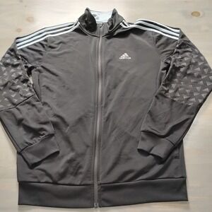Adidas Full Zip Jacket Medium Black w/ Logo Pattern On Sleeves 3 Gray Stripes